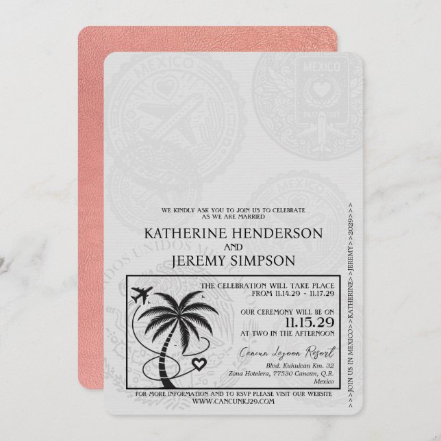 Rose Gold Cancun Passport Wedding Invitation (Front/Back)