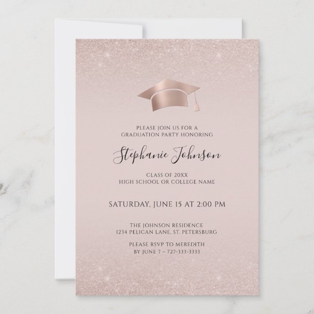 Rose Gold Cap and Tassel Blush Pink Grad Party Invitation (Front)