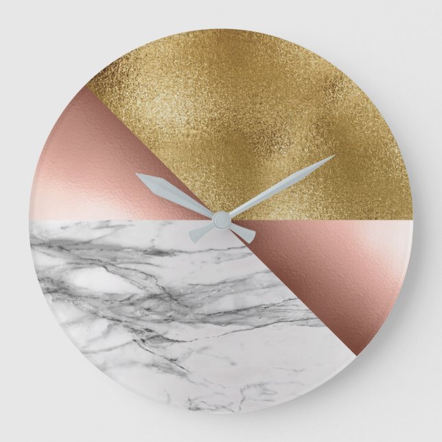 Rose Gold Carrara Marble Gray Geometry Metallic Large Clock (Front)