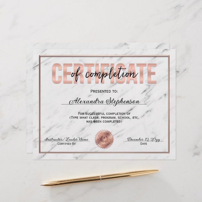 Rose Gold Certificate of Completion Course Award (Front/Back In Situ)