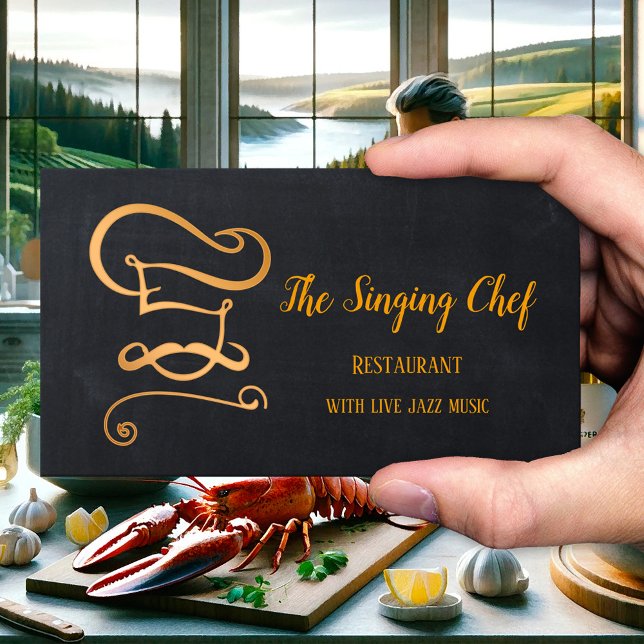 Rose Gold Chalkboard Restaurant Business Card (Business card featuring an elegant rose gold stylized chef design on a black chalkboard - restaurant)