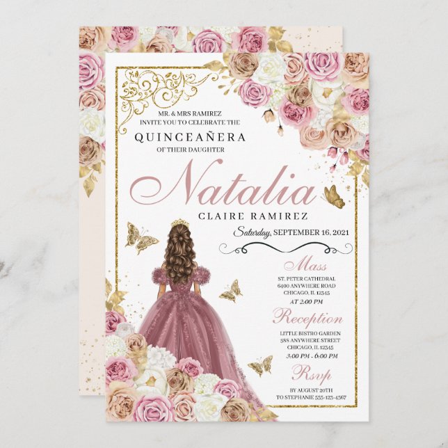 Rose Gold Champagne Butterfly Princess Quinceanera Invitation (Front/Back)