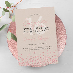 Rose Gold Champagne Glitter Surprise Sweet 16  Invitation