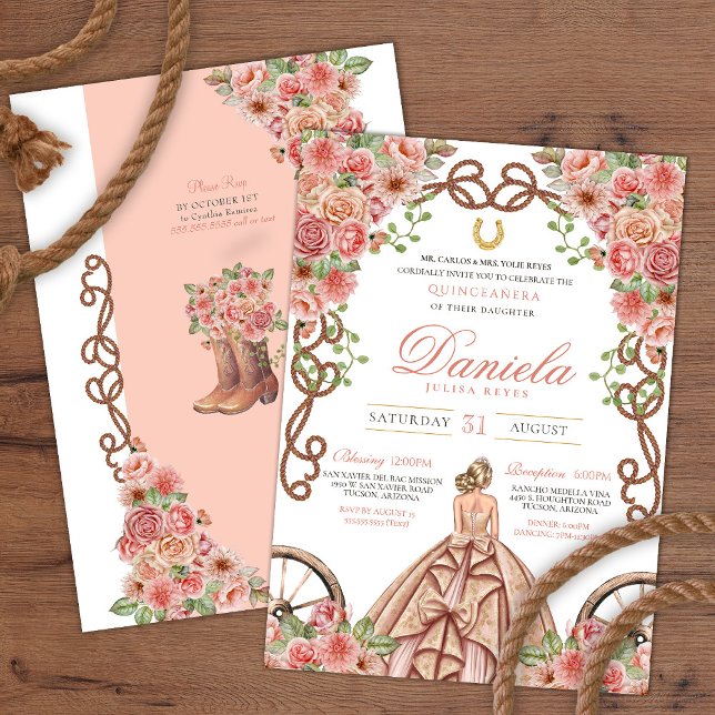 Rose Gold Champagne Pink Charro Rustic Quinceanera Invitation (Creator Uploaded)
