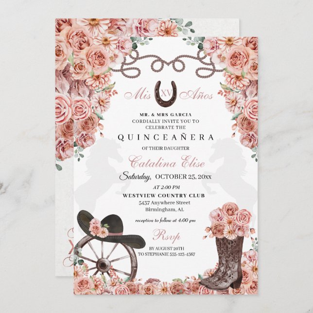 Rose Gold Champagne Western Charra Quinceanera Invitation (Front/Back)