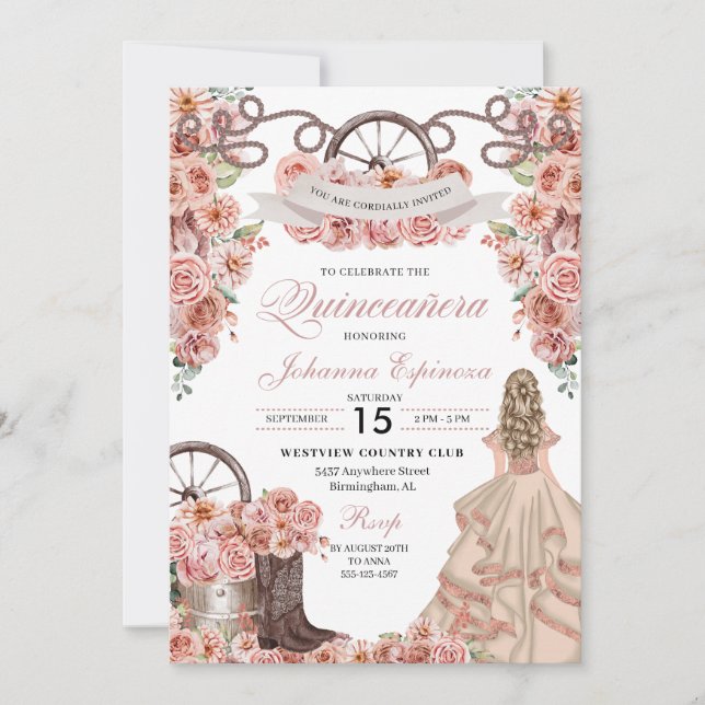 Rose Gold Champagne Western Ranchero Quinceanera Invitation (Front)