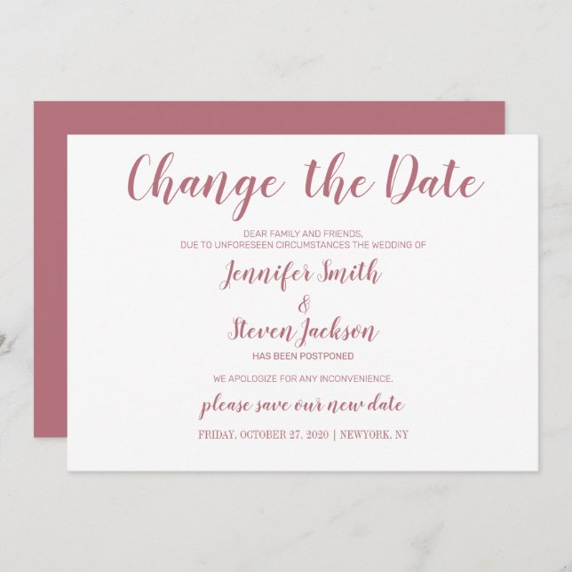 Rose Gold Change of Date Plans Postponed Wedding Invitation (Front/Back)