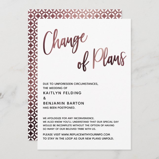 Rose Gold Change of Plans Postponed Wedding Card (Front/Back)