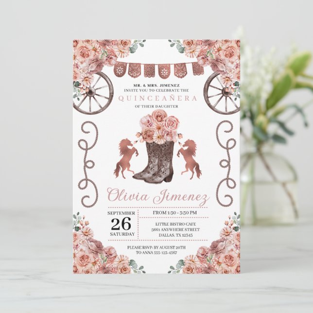Rose Gold Charra Floral Boots Quinceañera Invitation (Standing Front)