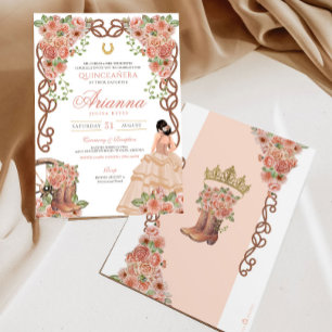 Rose Gold Charra Western Style Floral Quinceañera Invitation