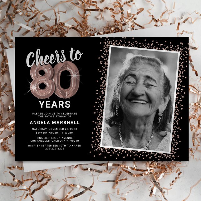 Rose Gold Cheers to 80th Birthday Photo Invitation (Creator Uploaded)