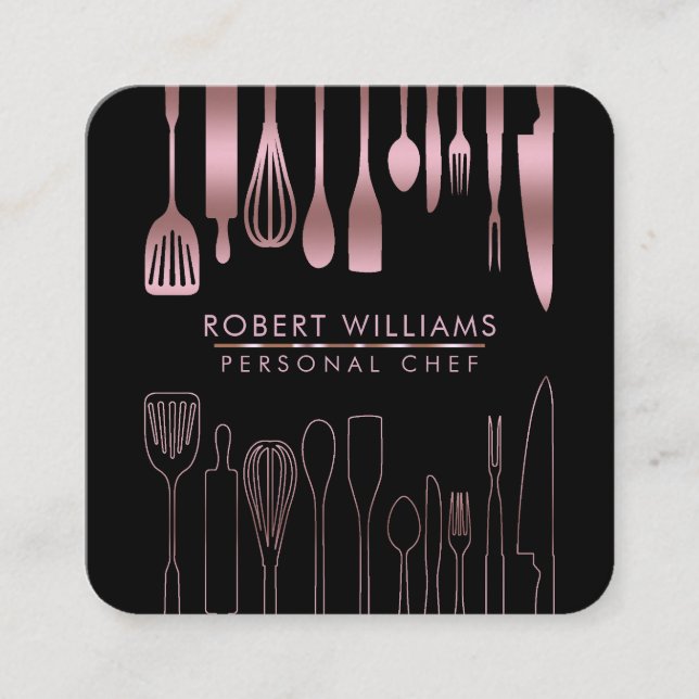 Rose Gold Chef Kitchen Utensil Tools Faux Catering Square Business Card (Front)
