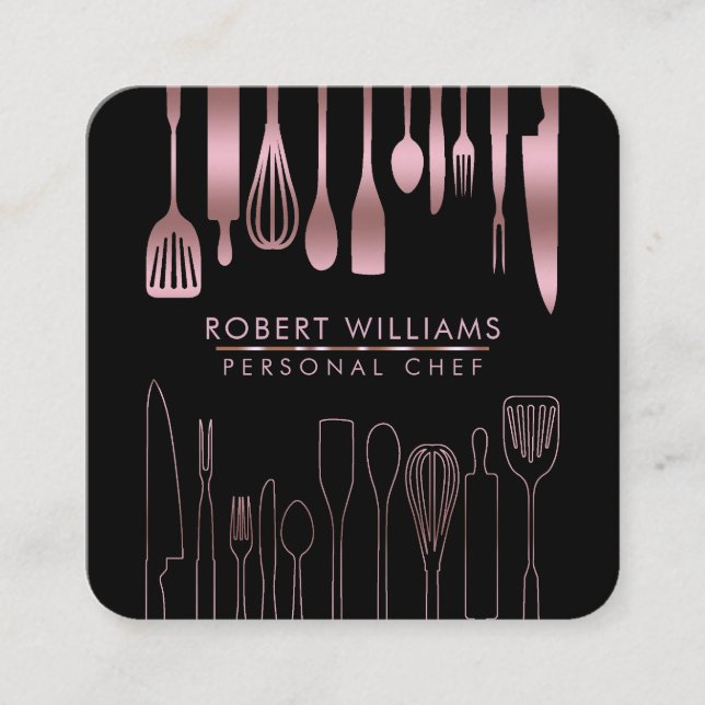 Rose Gold Chef Kitchen Utensil Tools Faux Catering Square Business Card (Front)