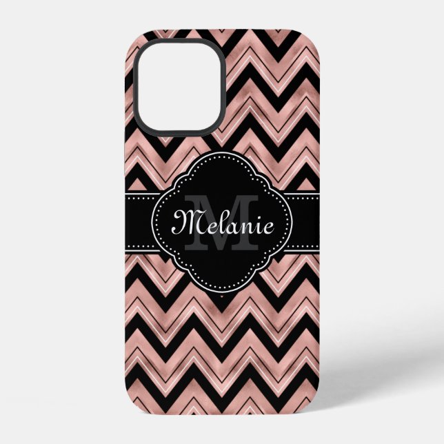 Rose Gold Chevron Pattern Black White Monogram iPhone Case (Back)
