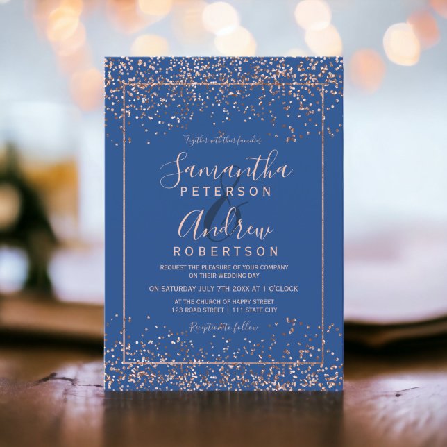 Rose gold chic blue confetti typography wedding invitation (Rose gold chic blue confetti typography wedding invitation)