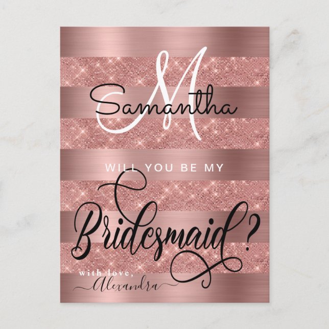 Rose Gold Chic Monogram Bridesmaid Proposal Postcard (Front)