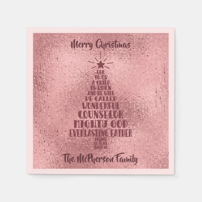 Rose Gold Christian Christmas Scripture - Add Name Napkin (Front)