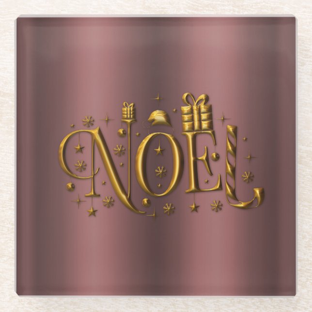 Rose Gold Christmas Noel Glass Coaster (Front)