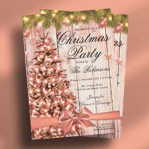 Rose Gold Christmas Party Xmas Tree & Ribbon Invitation