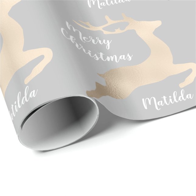 Rose Gold Christmas reindeer pattern personalised Wrapping Paper (Roll Corner)