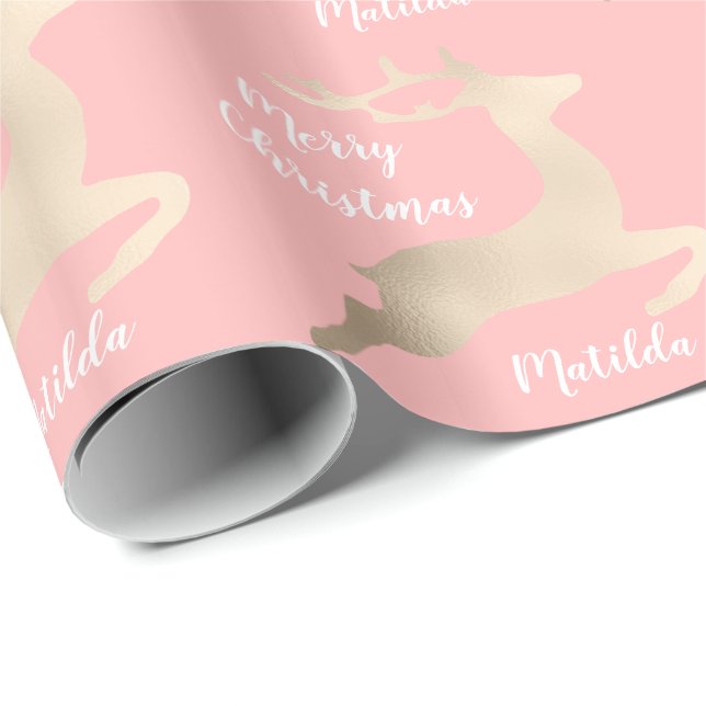 Rose Gold Christmas reindeer pattern personalised Wrapping Paper (Roll Corner)