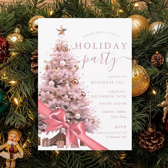 Rose Gold Christmas Tree Bow Corporate Holiday  Invitation (Rose Gold Christmas Tree Bow Corporate Holiday Invitation)