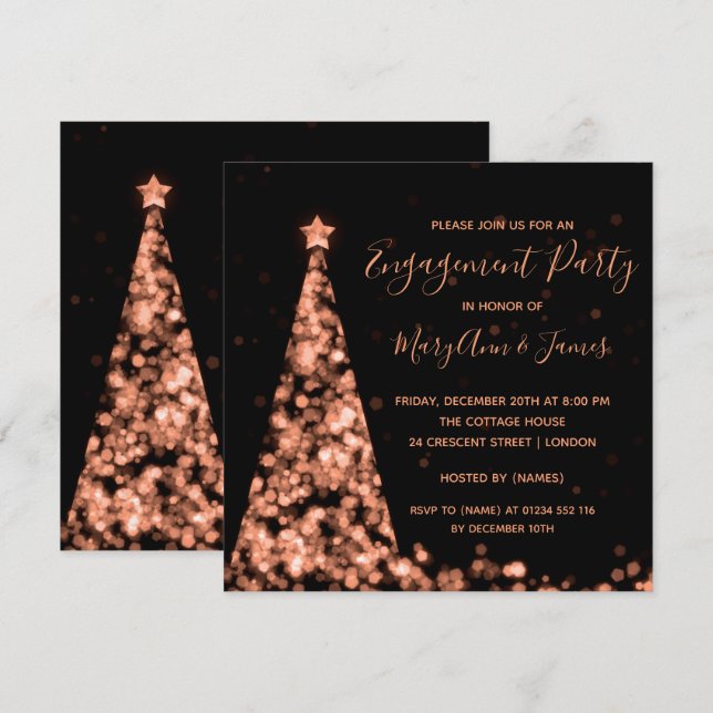 Rose Gold Christmas Tree Lights Engagement Party Invitation (Front/Back)