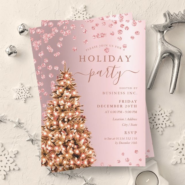 Rose Gold Christmas Tree Winter Company Holiday  Invitation (Rose Gold Christmas Tree Winter Company Holiday Invitation)