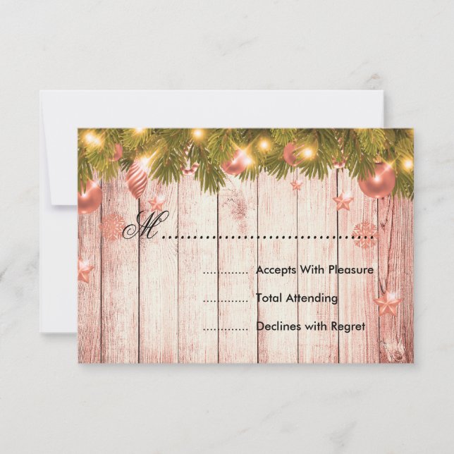 Rose Gold Christmas Wedding RSVP Tree & Ribbon Card (Front)