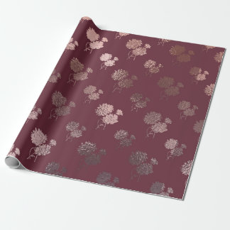 Rose Gold Chrysanthemum Pattern on Burgundy Wrapping Paper