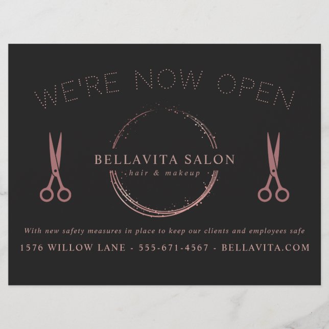 Rose Gold Circle Salon Logo We're Now Open Flyer (Front)