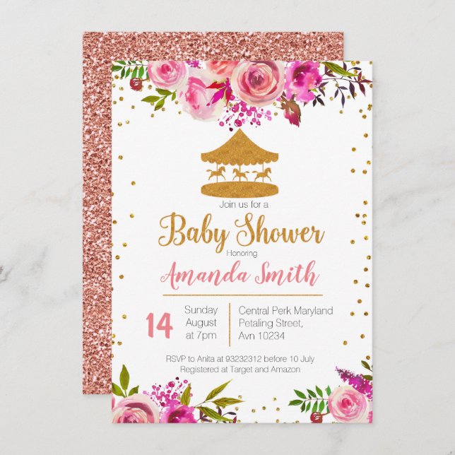 Rose Gold Circus baby shower invitation (Front/Back)
