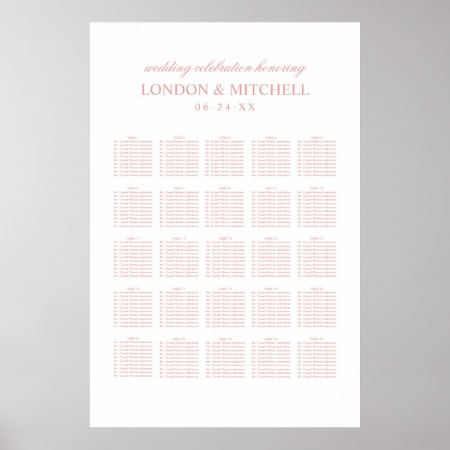 Rose Gold Classic Elegant Wedding Seating Poster (Front)