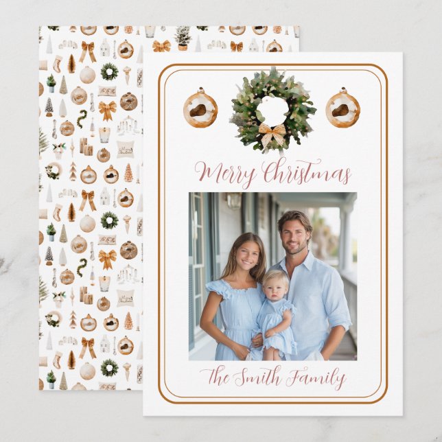 Rose Gold Classic Wreath Grandmillennial Photo Holiday Card (Front/Back)
