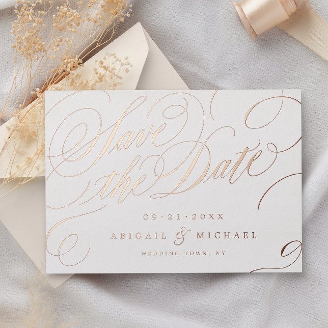 Rose gold classy calligraphy vintage save the date (Rose gold classy calligraphy vintage save the date foil invitation)