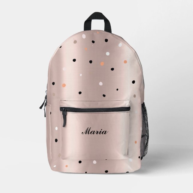 Rose gold coloured dots cute name printed backpack (Front)