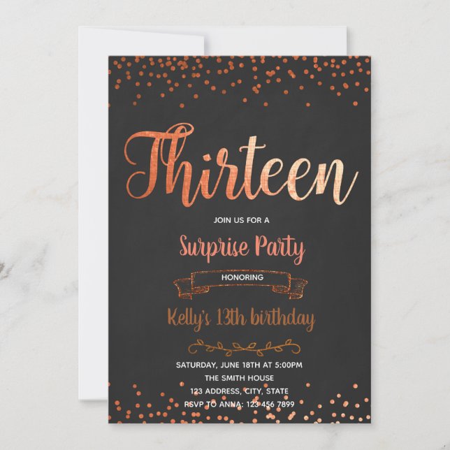 Rose gold confetti 13th birthday invitation (Front)