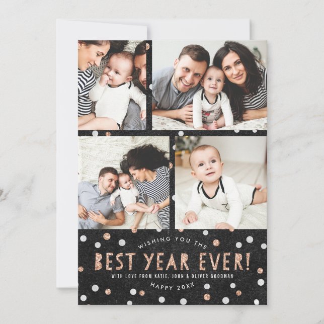 Rose Gold Confetti Best Year Ever! Photo Cards (Front)