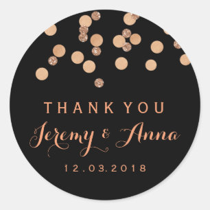 Rose Gold Confetti Black Thank you sticker