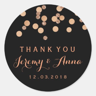 Rose Gold Confetti Black Thank you sticker