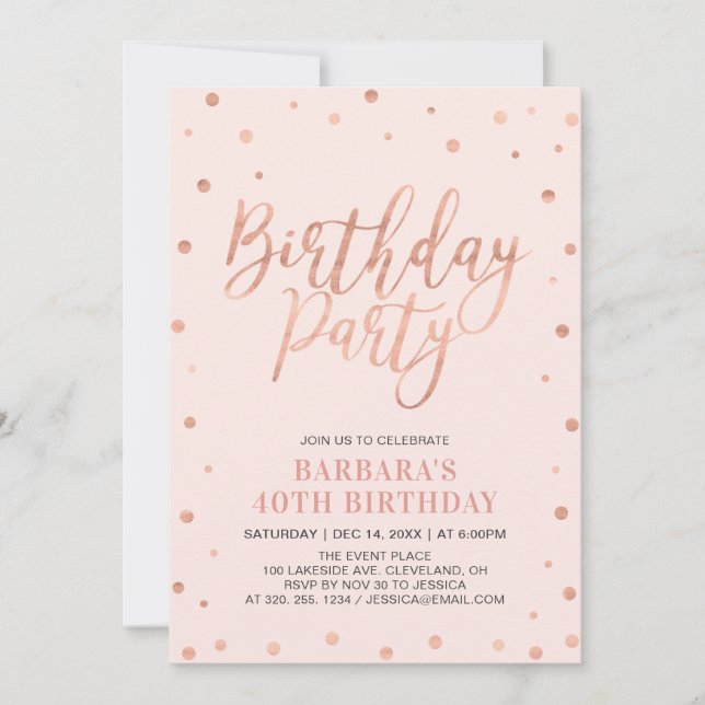 Rose Gold Confetti & Blush | Adult Birthday Party Invitation (Front)