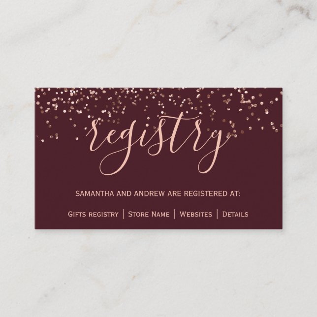Rose gold confetti burgundy chic wedding registry enclosure card (Front)