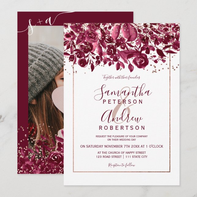 Rose gold confetti burgundy floral photo wedding invitation (Front/Back)