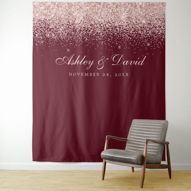 Rose Gold Confetti Burgundy Photo Booth Backdrop Tapestry (In Situ)