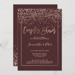 Rose gold confetti burgundy script couples shower invitation