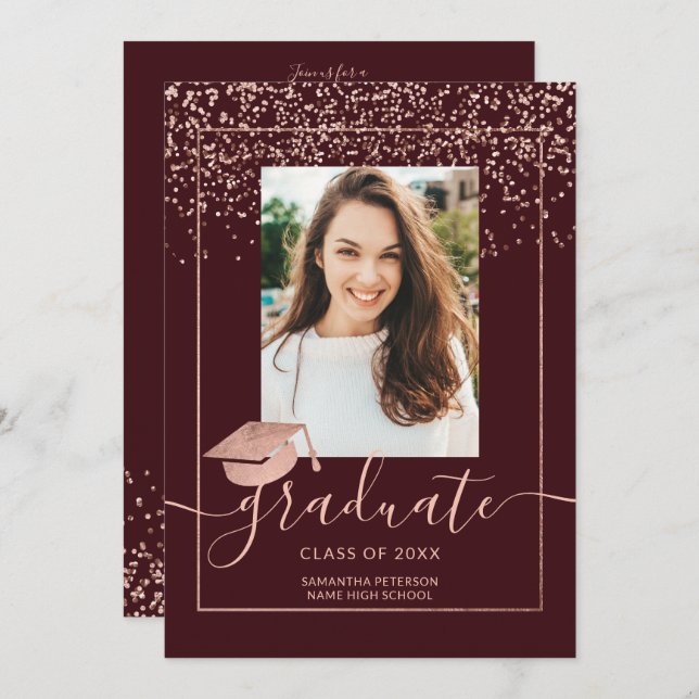 Rose gold confetti burgundy typography graduation invitation (Front/Back)