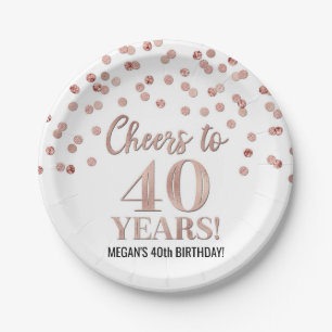 Rose Gold Confetti Cheers to 40 Years Birthday Paper Plate