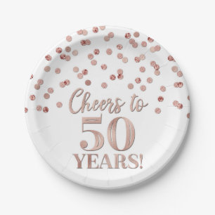 Rose Gold Confetti Cheers to 50 Years Birthday Paper Plate