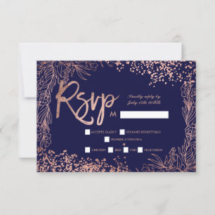 Rose gold confetti floral navy blue rsvp wedding card