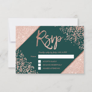 Rose gold confetti frame green rsvp wedding card